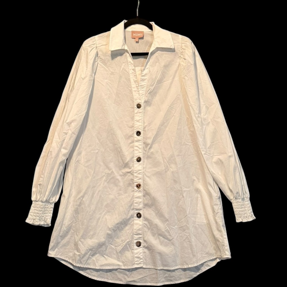 Show Me Your‎ Mumu White Oversized Button Down Tunic Shirt Dress Smocked Cuff S